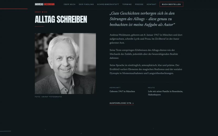 Über-mich-Bereich mit Porträt und Vita des Autors