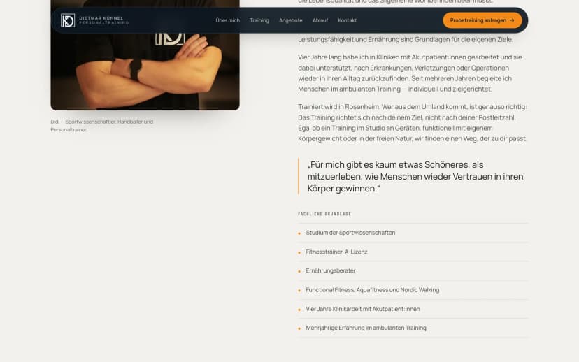 Über-mich-Bereich mit Qualifikationen und fachlicher Grundlage