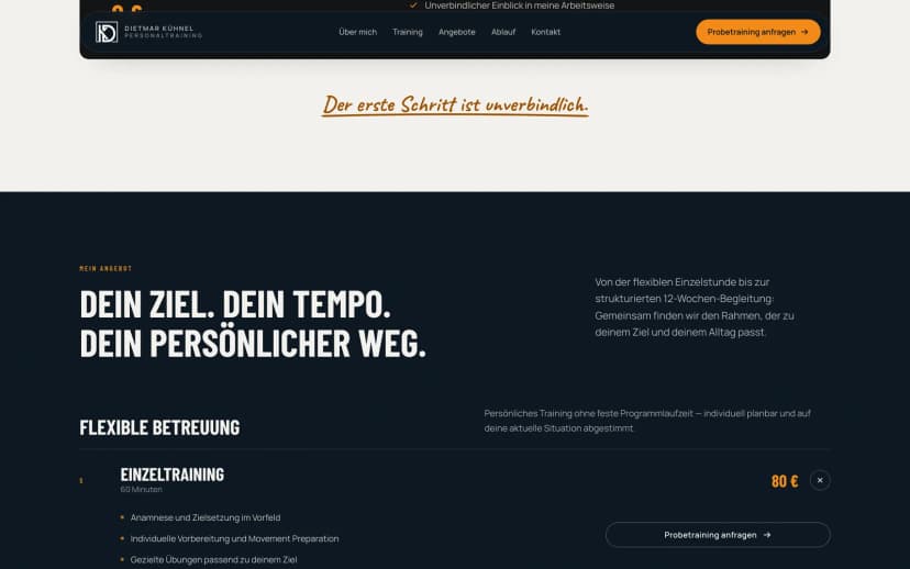 Angebotsübersicht mit flexibler Betreuung und Einzeltraining